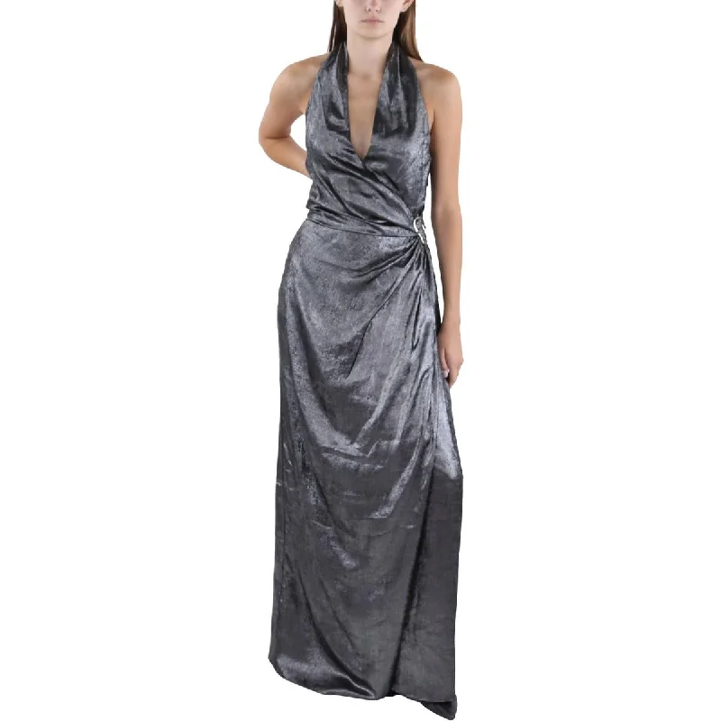 Halston Womens Gwyneth Metallic Halter Evening Dress Anniversary unclassified dresses