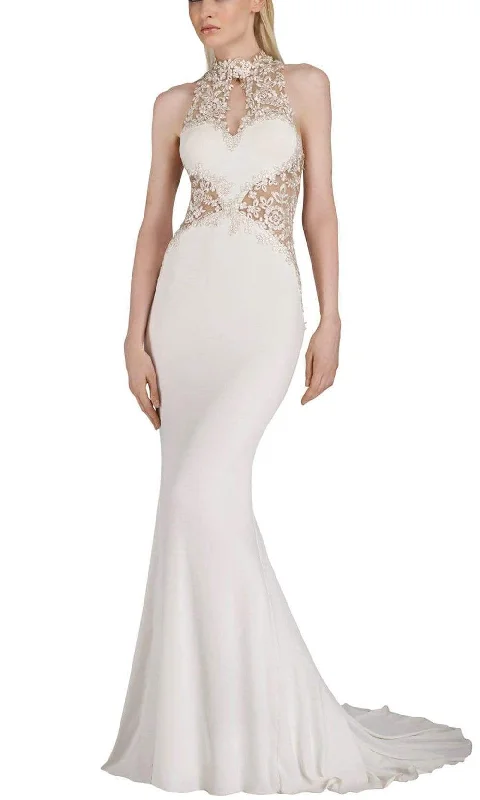 Janique - W974SC Embroidered Halter Mermaid Gown in Ivory Printed unclassified dresses