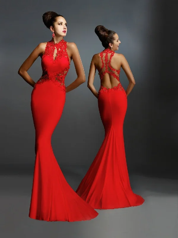 Janique - W974SC Embroidered Halter Mermaid Gown In Red Striped unclassified dresses