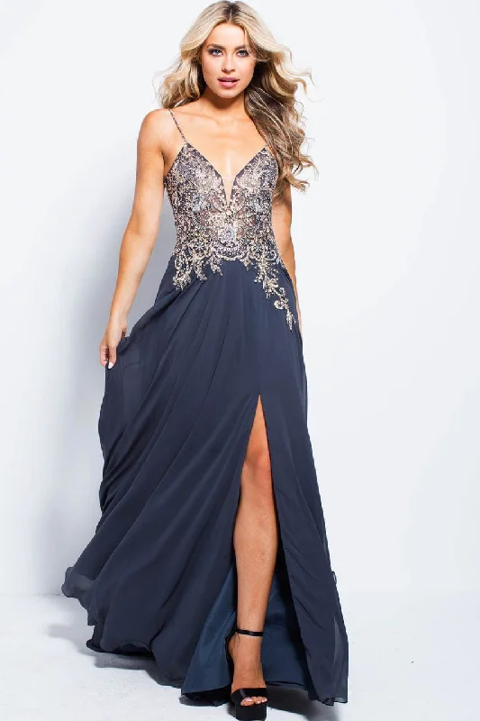 Jovani - JVN55885 Embellished Bodice Flowy Chiffon A-Line Gown Preppy unclassified dresses