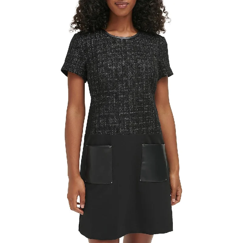 Karl Lagerfeld Paris Womens Tweed Faux Leather Trim Wear To Work Dress Smocked unclassified dresses