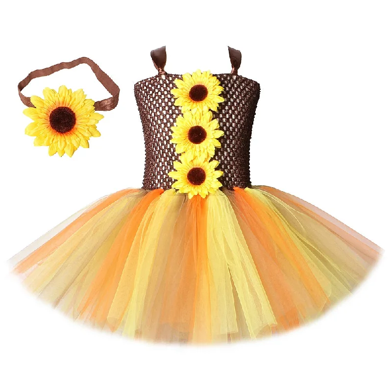 Kids Sunflower Tutu Dress Girls Fancy Fairy Costumes for Fall Woodland Halloween Princess Dresses with Headband Children Outfits Graduation unclassified dresses