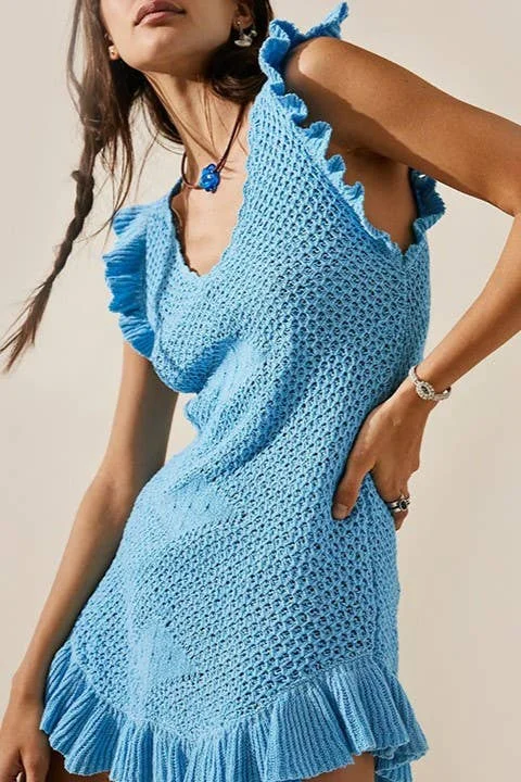 Low cut Ruffle Crochet Knit Beach Cover Up Dress Trendy unclassified dresses