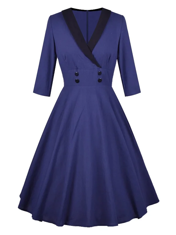 Navy Blue 1950s 3/4 Sleeve Swing Dress Pastel unclassified dresses