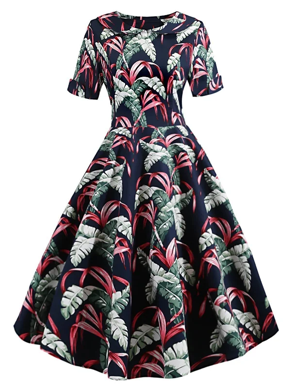 Navy Blue 1950s Tropical Plants Swing Dress Bodycon unclassified dresses