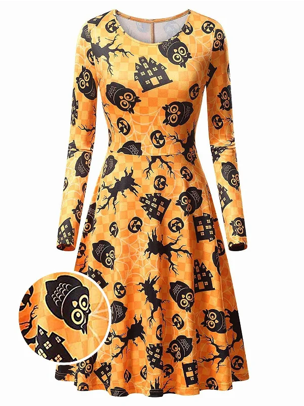 Orange 1950s Halloween Owl Flared Dress Stretchy unclassified dresses