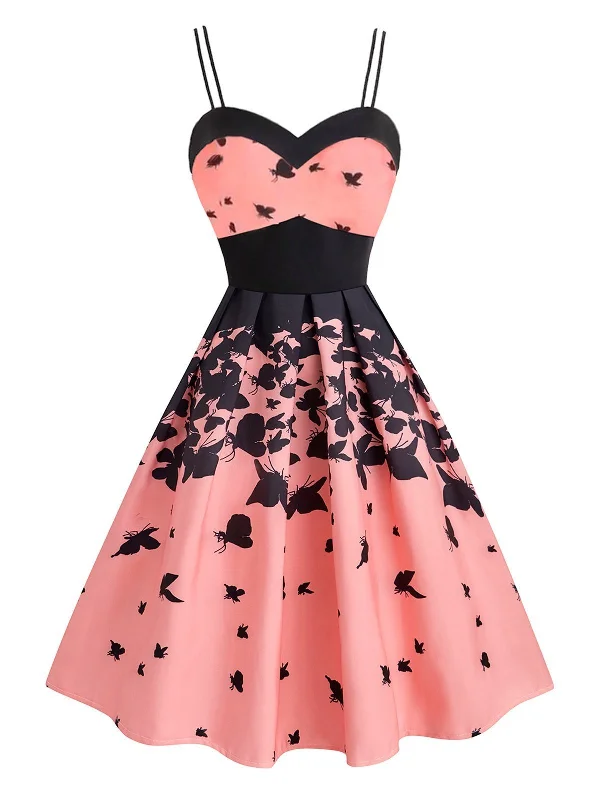 Pink 1950s Strap Butterfly Swing Dress Silk unclassified dresses