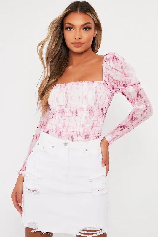 Pink Marble Puff Sleeve Bodysuit - Deana Soft fabric unclassified dresses