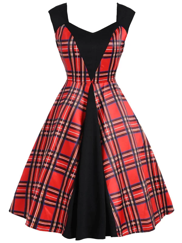 Red 1950s Plaid Patchwork Dress Elegant unclassified dresses