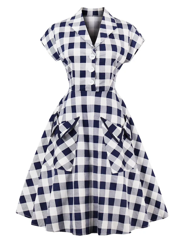 Special Blue White 1950s Pockets Plaid Dress Chic unclassified dresses