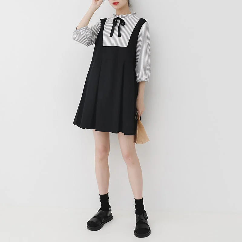 spring and summer new Korean version of the black fake two-piece strap bow dress Trendy new unclassified dresses