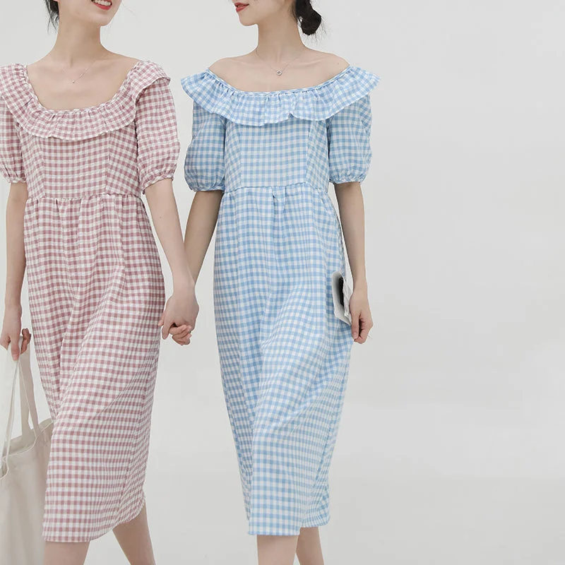 spring new Korean version of the Japanese cute plaid one shoulder dress Anniversary unclassified dresses