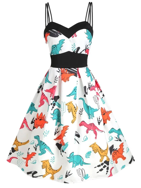 White 1950s Dinosaurs Strap Dress Floral unclassified dresses