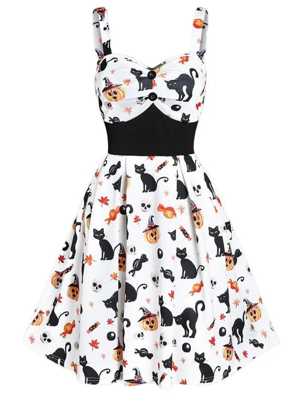 White 1950s Halloween Cat Swing Dress Sleeveless unclassified dresses