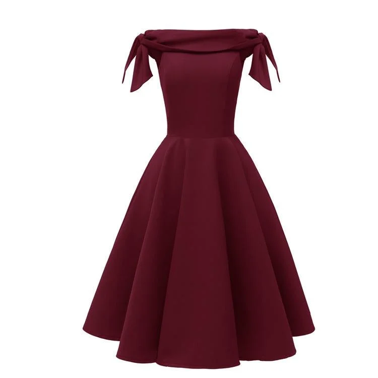 Wine Red 1950s Off Shoulder Bow Dress Satin unclassified dresses