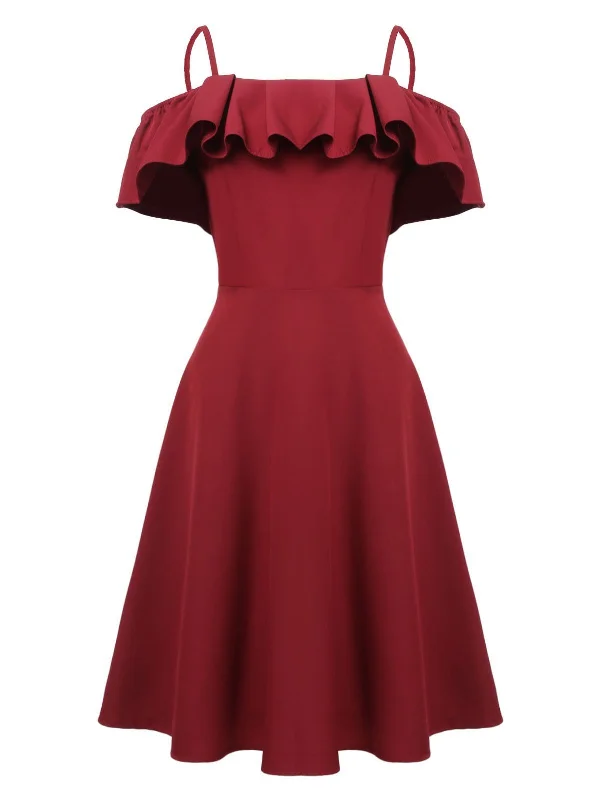 Wine Red 1950s Ruffle Cold Shoulder Dress A-line unclassified dresses