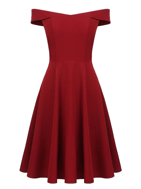 Wine Red 1950s Solid Off Shoulder Dress Silk unclassified dresses