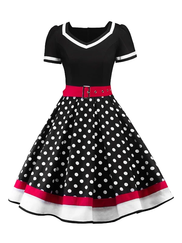 1950s Polka Dot Belted Patchwork Dress Stretchy unclassified dresses