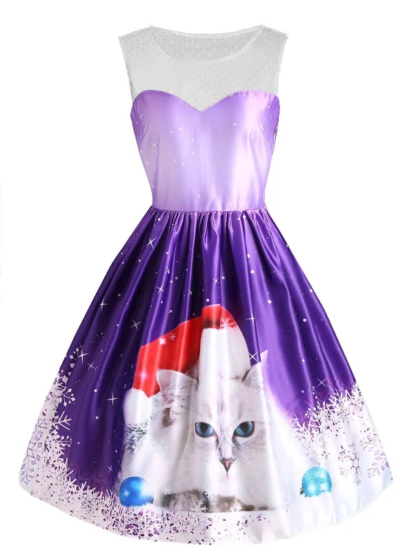 Purple 1950s Christmas Cat Snow Dress Embroidered unclassified dresses