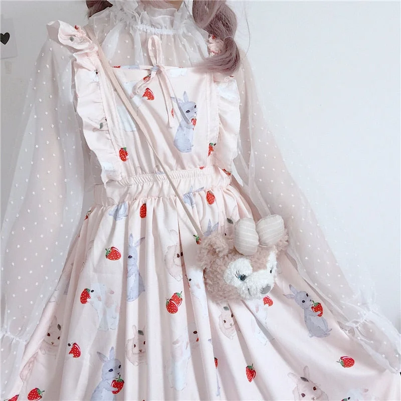 Women's Dresses Chic Lady Kawaii Ulzzang Strawberry Rabbit Cute Strap Dress Female Ins Vintage Harajuku Dress For Women Casual Sexy unclassified dresses