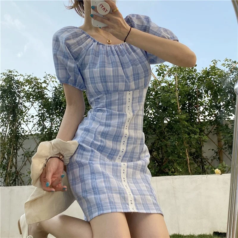 Women's Dresses Japanese Harajuku Vintage Ladies Ulzzang Retro Plaid Puff Sleeve Dress Female Korean Kawaii Clothing For Women Tulle unclassified dresses