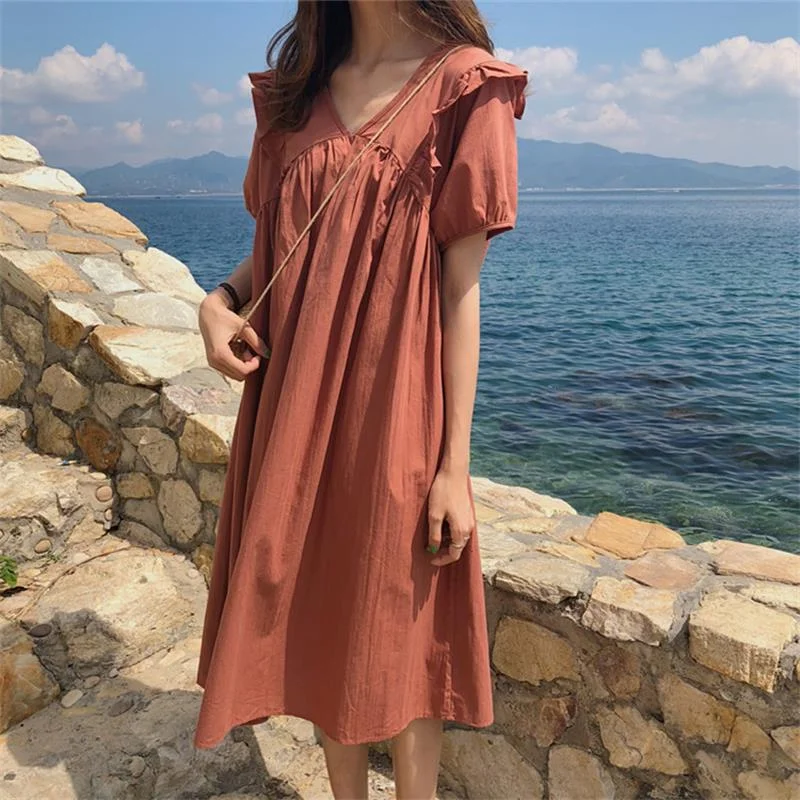 Women's Kawaii Lovely Dresses Ins Chic Loose Wooden Eared V-neck High Waist Dress Female Sweet Harajuku Punk Clothes For Women Breathable unclassified dresses