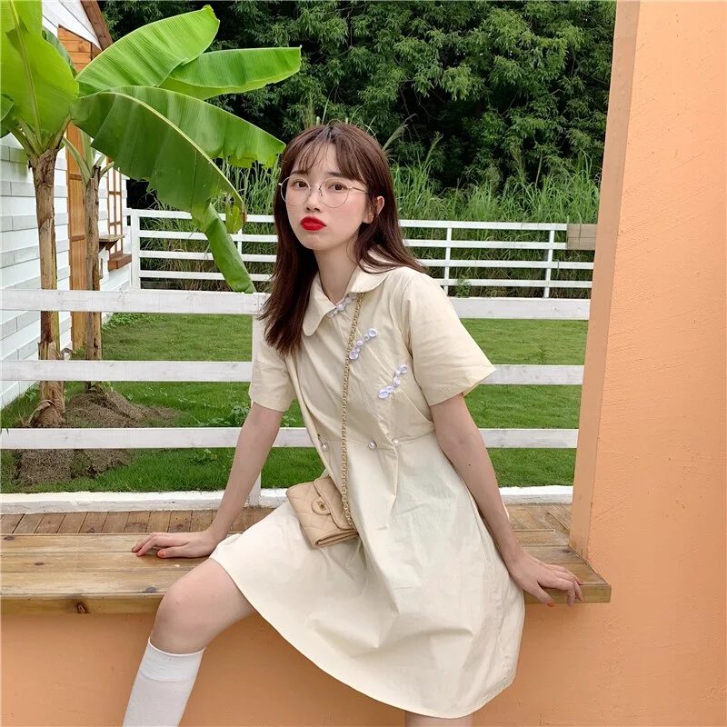 Women's Kawaii Lovely Dresses Ins Chic Vintage Chinese Style Pearl Buckle Dress Female Sweet Harajuku Punk Clothes For Women Denim unclassified dresses