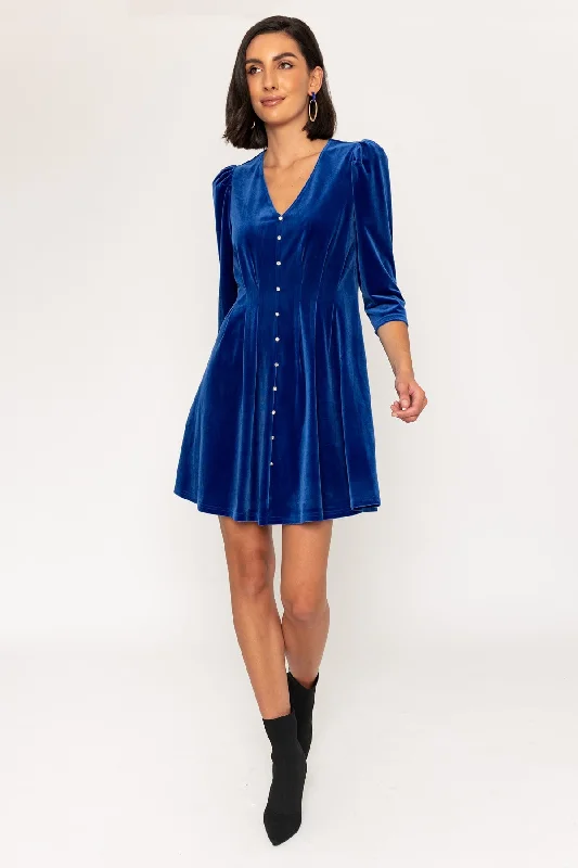 3/4 Sleeve Length Velvet Martha Mini Dress in Navy High-Waist Skirt Look