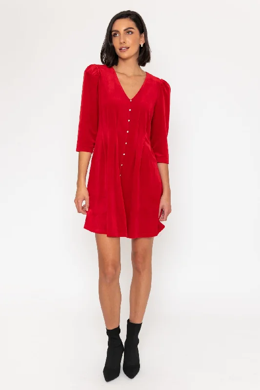 3/4 Sleeve Length Velvet Martha Mini Dress in Red Button-down Mini Skirt