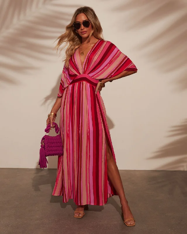 Kadie Striped Kimono Sleeve Maxi Dress V-neck Maxi Skirt