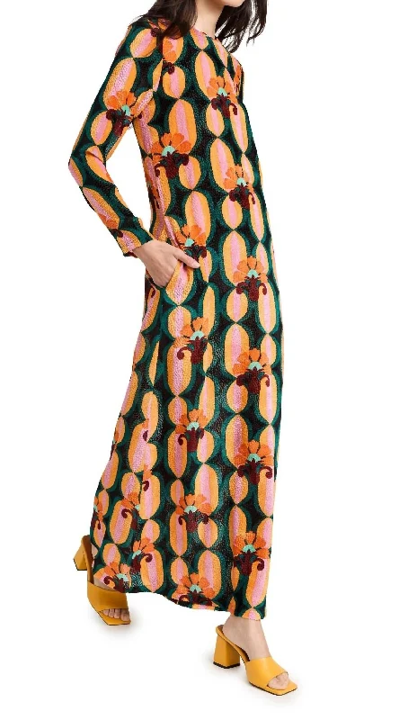 Long Sleeve Swing Dress In Multi Maxi Skirt Look