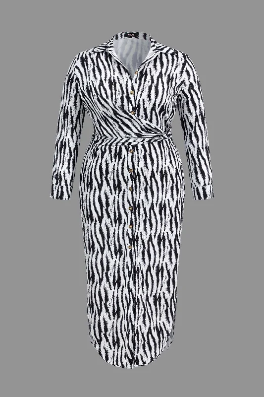 Plus Size Tiger Print Button V-Neck Maxi Dress Vintage Maxi Skirt