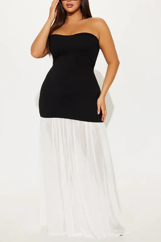 Plus Size Patchwork Strapless Maxi Dress Flowing Maxi Skirt