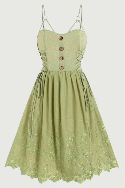 Flower Embroidery Dress Lace Up Mock Button Adjustable Straps Backless Robe Light Green For Spring Full Lace Dress