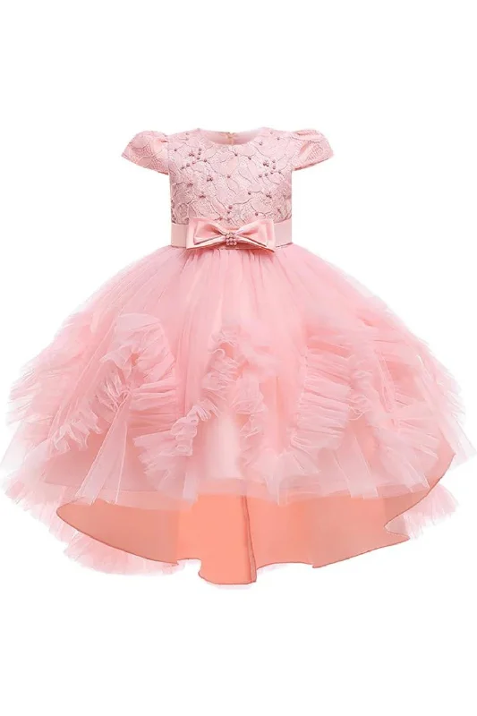 Flower Girl Dress lace embroidered fluffy tuxedo girl Princess bow birthday communion beaded dress Lace Gown Style