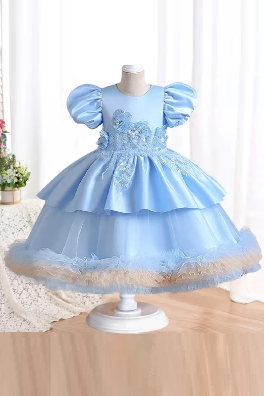 Girls Clothing Silk and Lace Splice Bubble Sleeve Princess Dress Birthday Piano Dress Soft Lace Dress