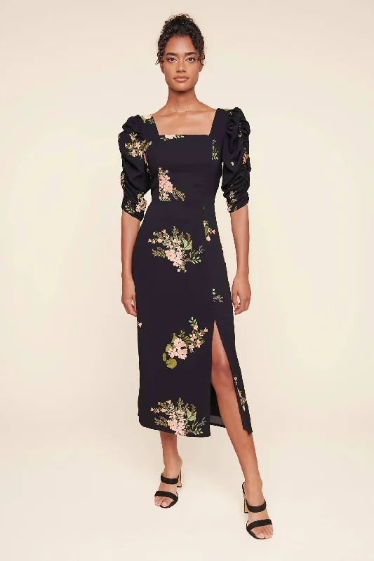 Jasleen Floral Ruched Sleeves Midi Dress in Black Floral A-line Skirt