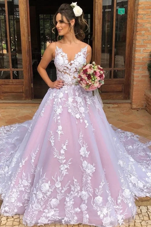 Pink A-Line Spaghetti Straps Lace Appliques Formal Prom Dress with Train Lace Cocktail Dress