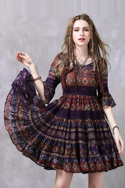 spring and summer retro lace stitching large pleated Bohemian chiffon dress Lace Dress Flare