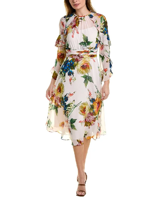 Teri Jon by Rickie Freeman Floral Chiffon Midi Dress Midi Skirt Dress