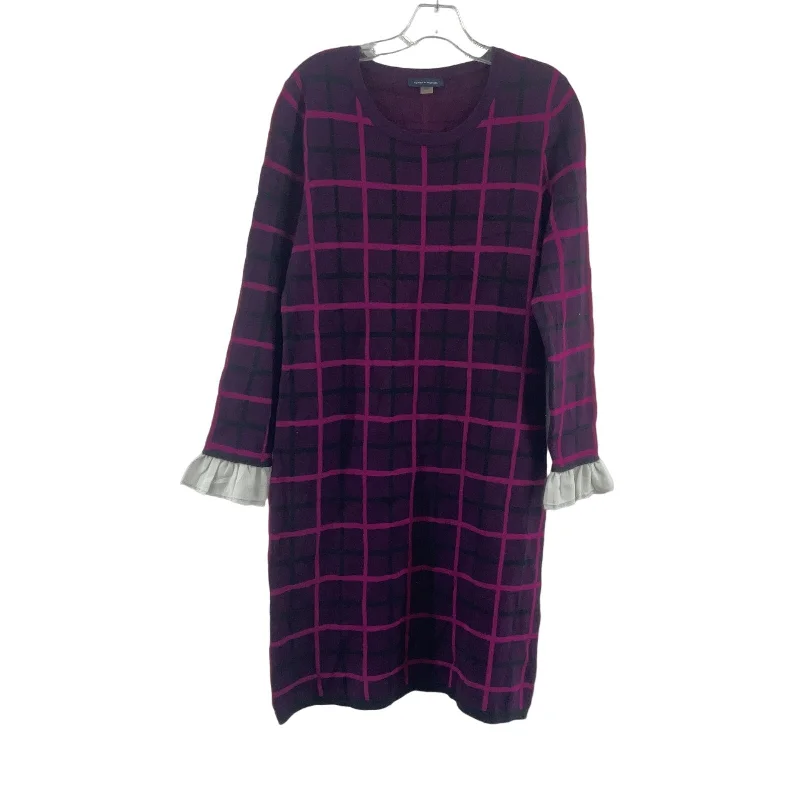 Tommy Hilfiger Purple Plaid Lace Cuffs Sweater Dress Women’s Large Cotton Blend Lace High Neck Dress