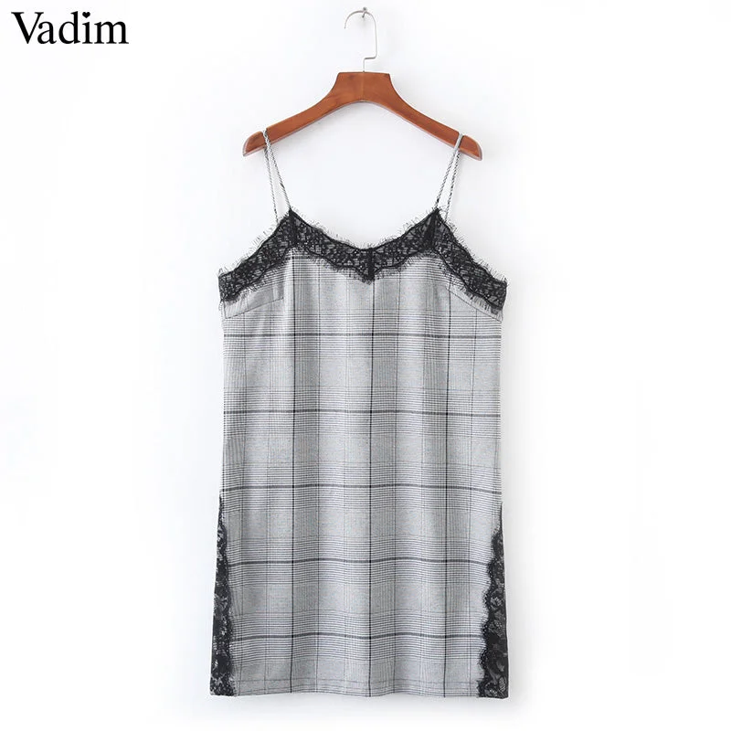 Vadim sexy lace patchwork checkered pearls dress Lace Dress Trendy