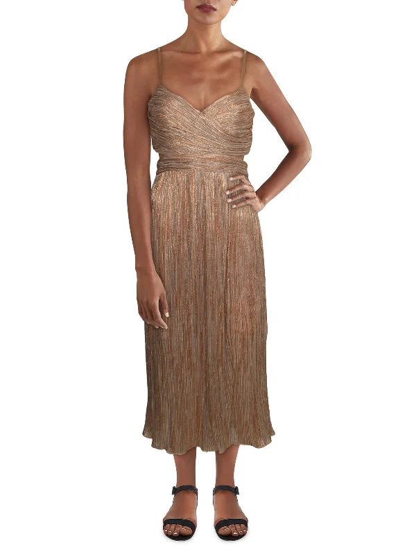 Womens Metallic Gathered Midi Dress Bohemian Midi Skirt