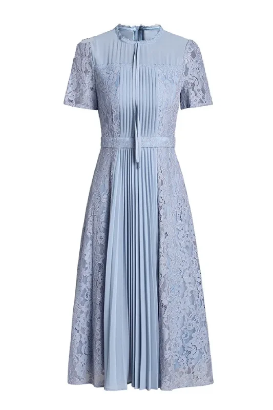 Women's Summer Lace-Up Patchwork Elegant Embroidered Office Lady Pleated Dress Lace Dress Sparkly